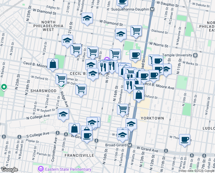 map of restaurants, bars, coffee shops, grocery stores, and more near 1609 West Oxford Street in Philadelphia