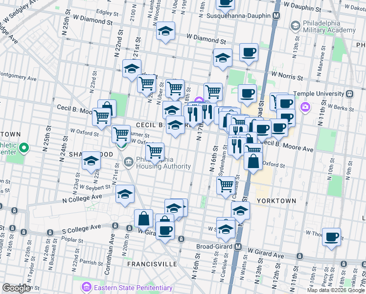 map of restaurants, bars, coffee shops, grocery stores, and more near 1715 West Oxford Street in Philadelphia