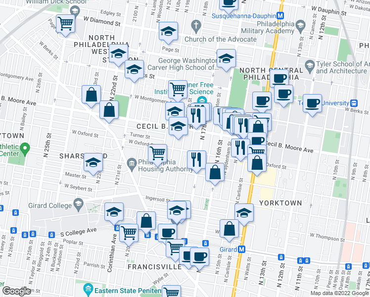 map of restaurants, bars, coffee shops, grocery stores, and more near 1540 North 18th Street in Philadelphia