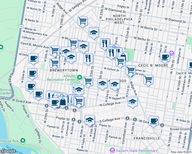 map of restaurants, bars, coffee shops, grocery stores, and more near in Philadelphia