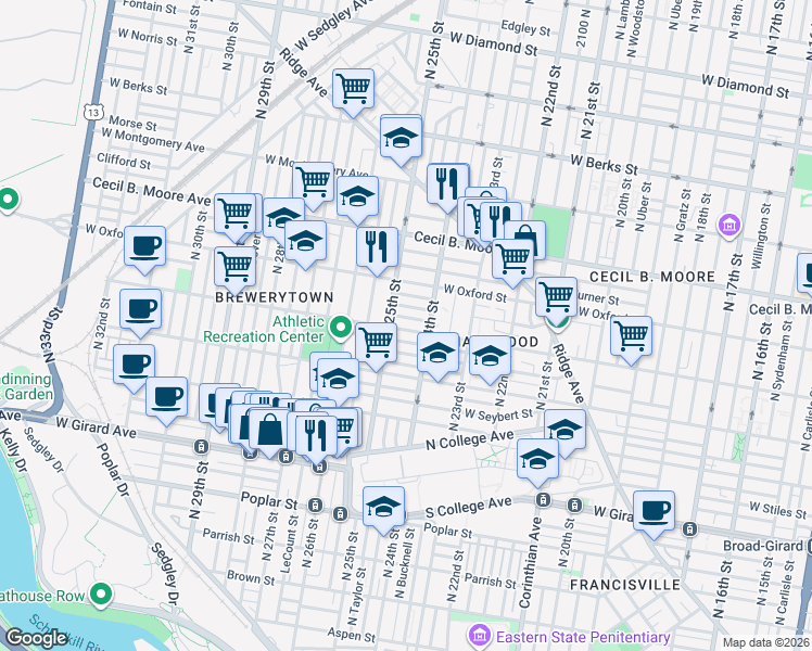 map of restaurants, bars, coffee shops, grocery stores, and more near in Philadelphia
