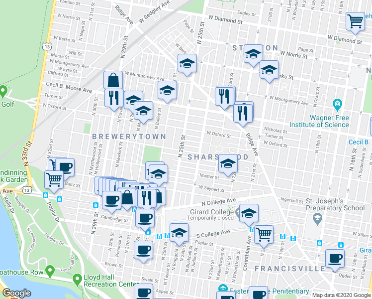 map of restaurants, bars, coffee shops, grocery stores, and more near in Philadelphia
