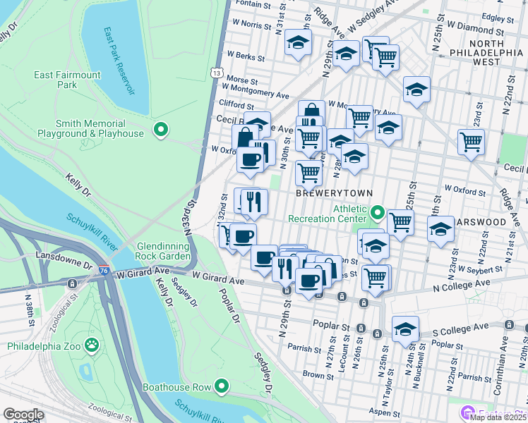 map of restaurants, bars, coffee shops, grocery stores, and more near 1412 North Corlies Street in Philadelphia