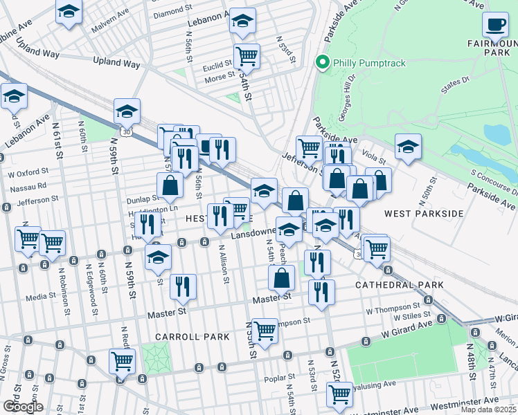 map of restaurants, bars, coffee shops, grocery stores, and more near 5427 Hunter Street in Philadelphia