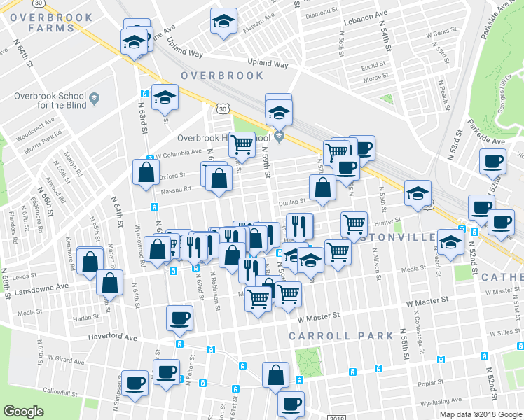 map of restaurants, bars, coffee shops, grocery stores, and more near 1720 North Redfield Street in Philadelphia