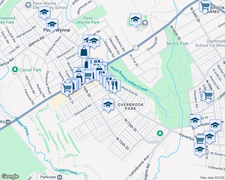 map of restaurants, bars, coffee shops, grocery stores, and more near 7554 Haverford Avenue in Philadelphia