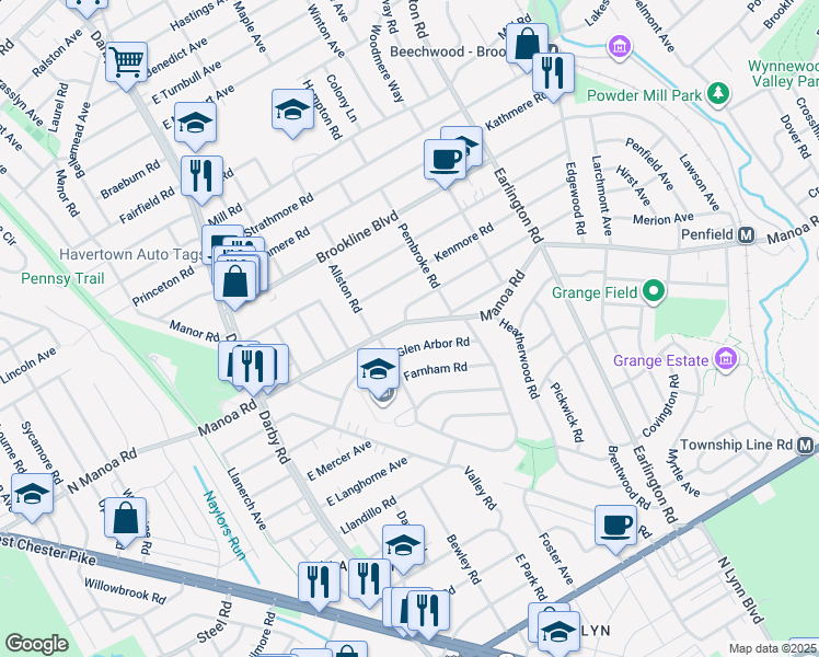 map of restaurants, bars, coffee shops, grocery stores, and more near 211 East Manoa Road in Havertown