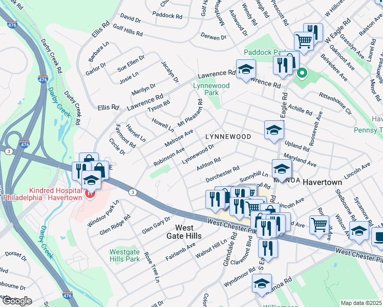 map of restaurants, bars, coffee shops, grocery stores, and more near 1613 Lynnewood Drive in Havertown
