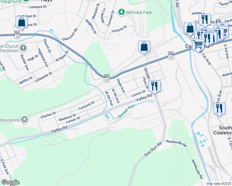 map of restaurants, bars, coffee shops, grocery stores, and more near 34 West 5th Avenue in Coatesville