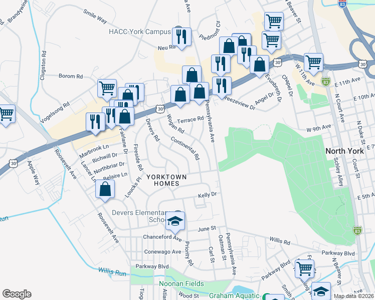 map of restaurants, bars, coffee shops, grocery stores, and more near 1224 Continental Road in York