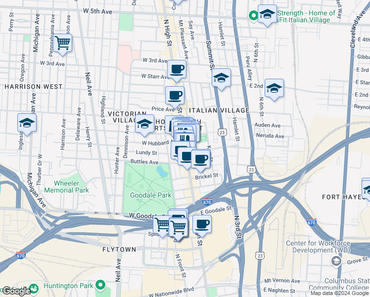 map of restaurants, bars, coffee shops, grocery stores, and more near 765 North High Street in Columbus