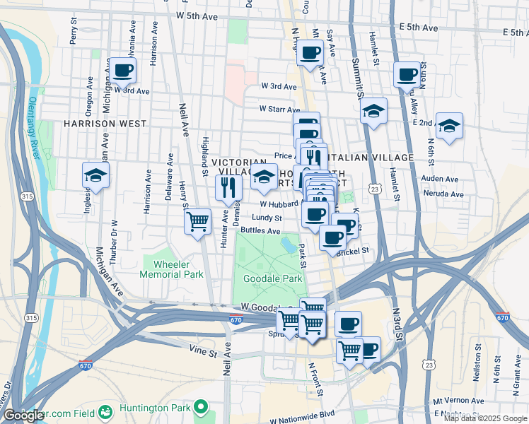 map of restaurants, bars, coffee shops, grocery stores, and more near 109 West Hubbard Avenue in Columbus