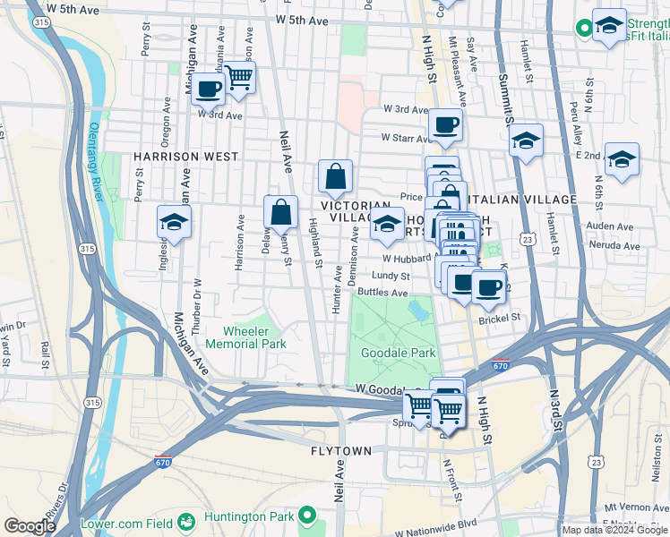 map of restaurants, bars, coffee shops, grocery stores, and more near 221 West Hubbard Avenue in Columbus