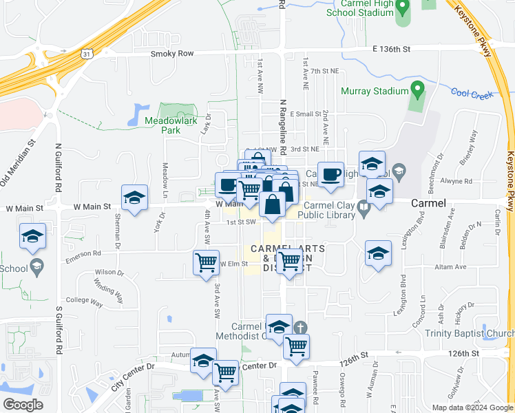 map of restaurants, bars, coffee shops, grocery stores, and more near 43 Veterans Way in Carmel