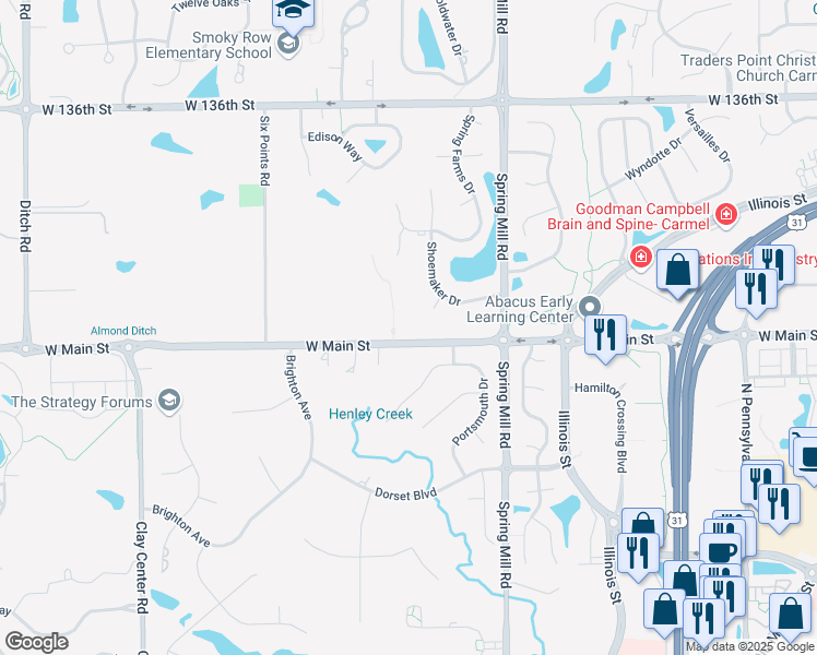 map of restaurants, bars, coffee shops, grocery stores, and more near 606 West Main Street in Carmel