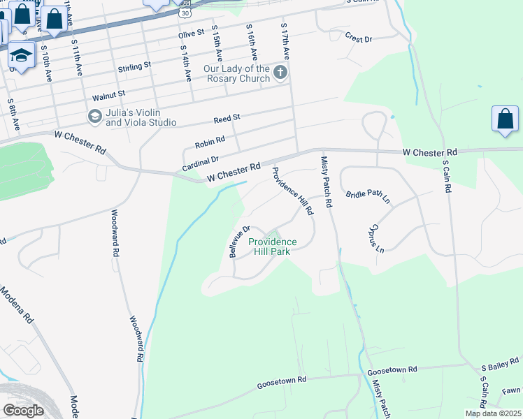 map of restaurants, bars, coffee shops, grocery stores, and more near 76 Narragansett Lane in Chester County