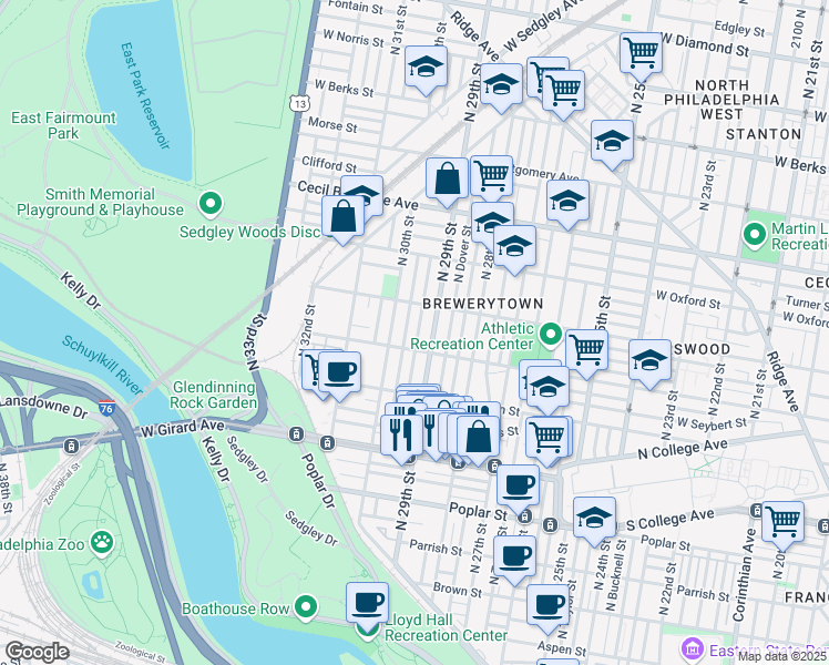 map of restaurants, bars, coffee shops, grocery stores, and more near 1422 North Hollywood Street in Philadelphia