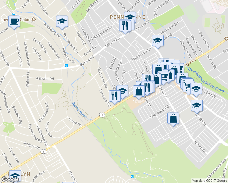 map of restaurants, bars, coffee shops, grocery stores, and more near 14 Rolling Road in Wynnewood
