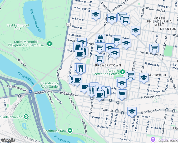 map of restaurants, bars, coffee shops, grocery stores, and more near 1419 North 30th Street in Philadelphia