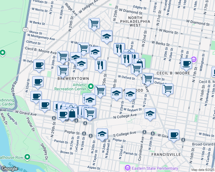 map of restaurants, bars, coffee shops, grocery stores, and more near 2431 West Jefferson Street in Philadelphia