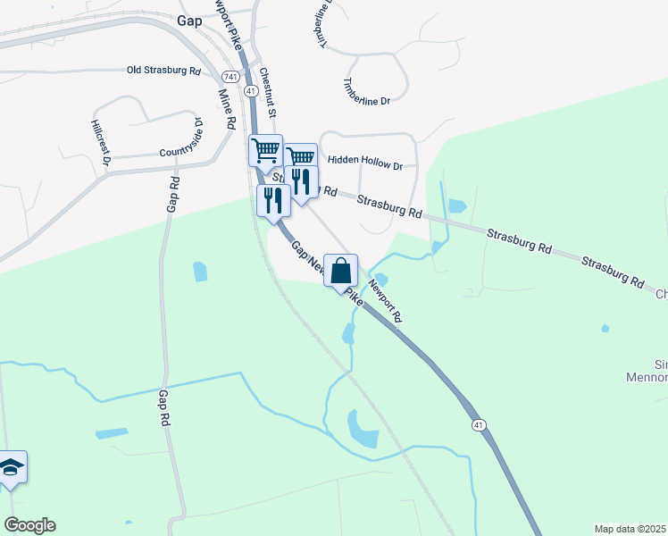 map of restaurants, bars, coffee shops, grocery stores, and more near 50 Newport Road in Gap