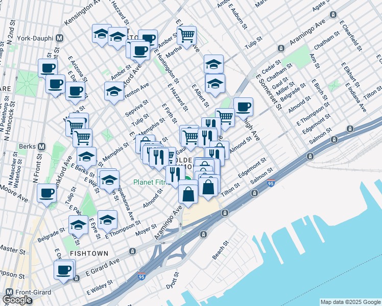 map of restaurants, bars, coffee shops, grocery stores, and more near 2501 East Cumberland Street in Philadelphia