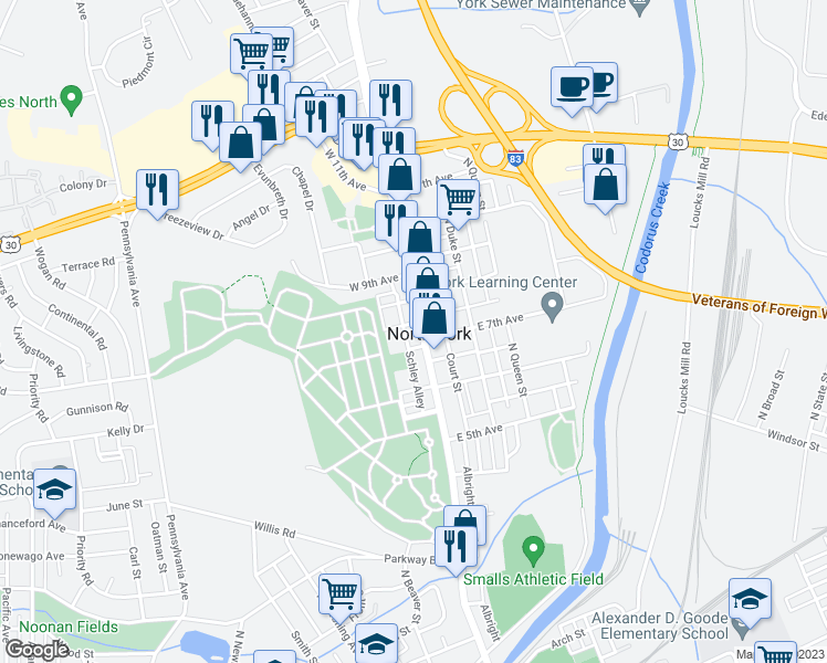 map of restaurants, bars, coffee shops, grocery stores, and more near 1120 North George Street in York