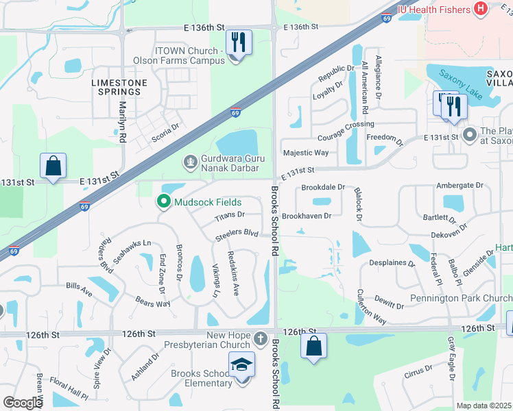 map of restaurants, bars, coffee shops, grocery stores, and more near 13006 Quarterback Lane in Fishers