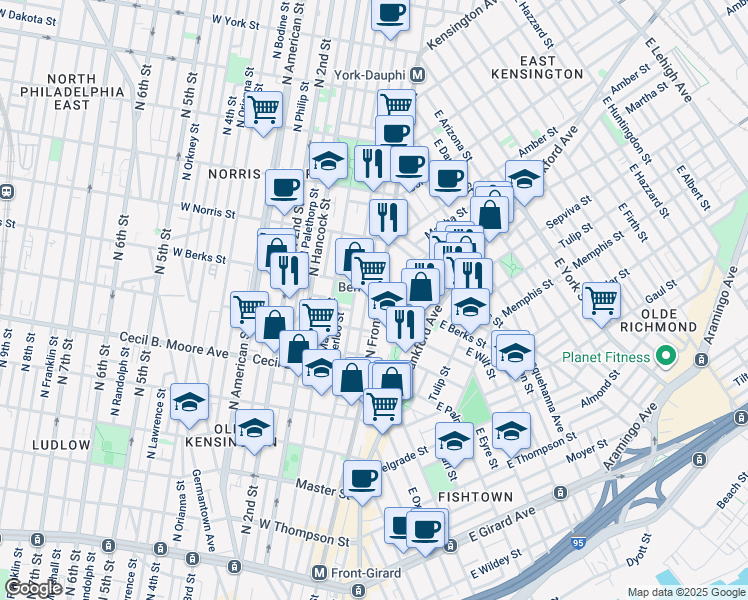 map of restaurants, bars, coffee shops, grocery stores, and more near in Philadelphia