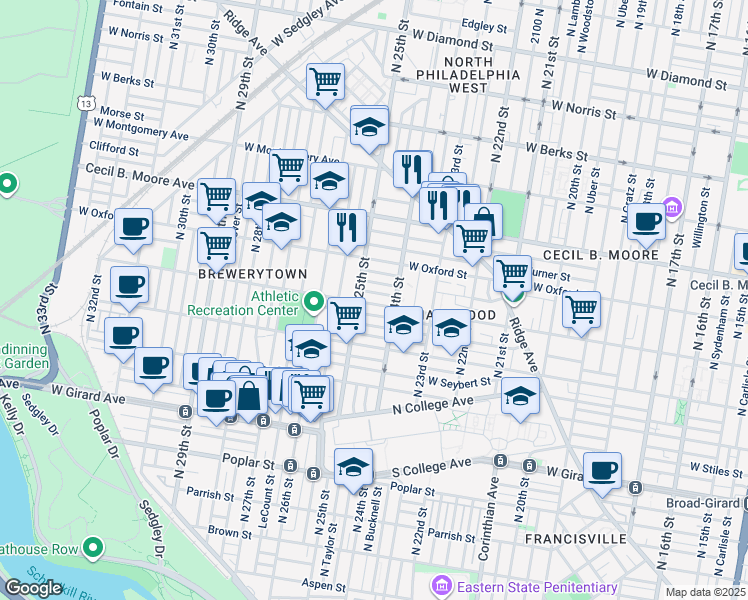 map of restaurants, bars, coffee shops, grocery stores, and more near 2427 West Jefferson Street in Philadelphia