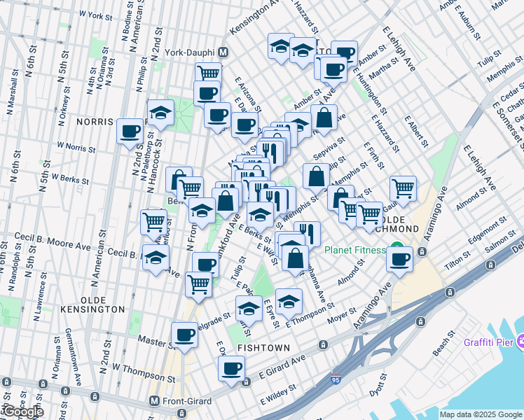 map of restaurants, bars, coffee shops, grocery stores, and more near 2211 East Norris Street in Philadelphia