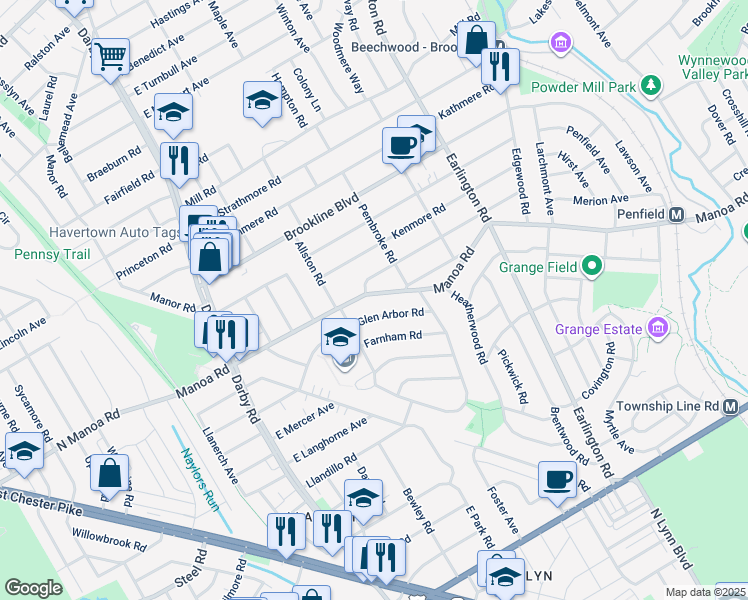 map of restaurants, bars, coffee shops, grocery stores, and more near 213 East Manoa Road in Havertown
