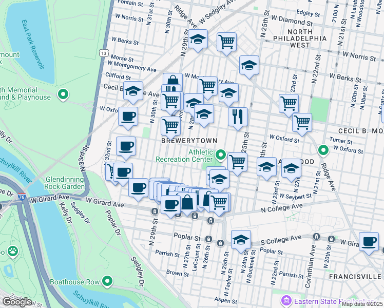 map of restaurants, bars, coffee shops, grocery stores, and more near 1444 North Marston Street in Philadelphia