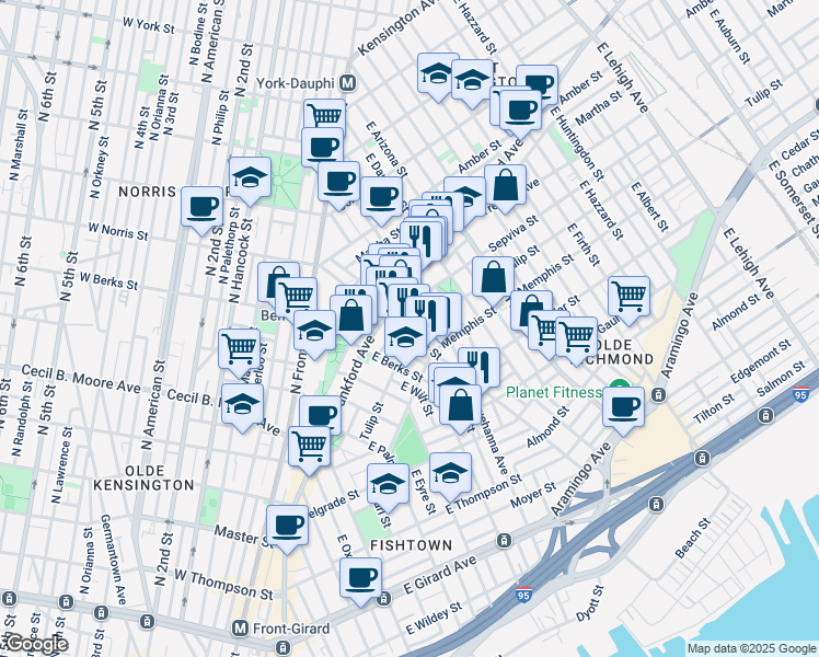 map of restaurants, bars, coffee shops, grocery stores, and more near 2211 East Norris Street in Philadelphia