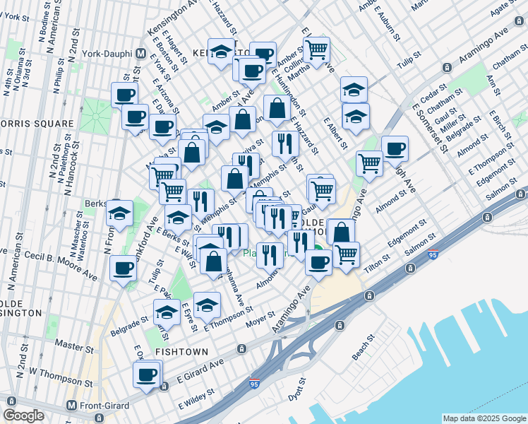 map of restaurants, bars, coffee shops, grocery stores, and more near 2401 East York Street in Philadelphia
