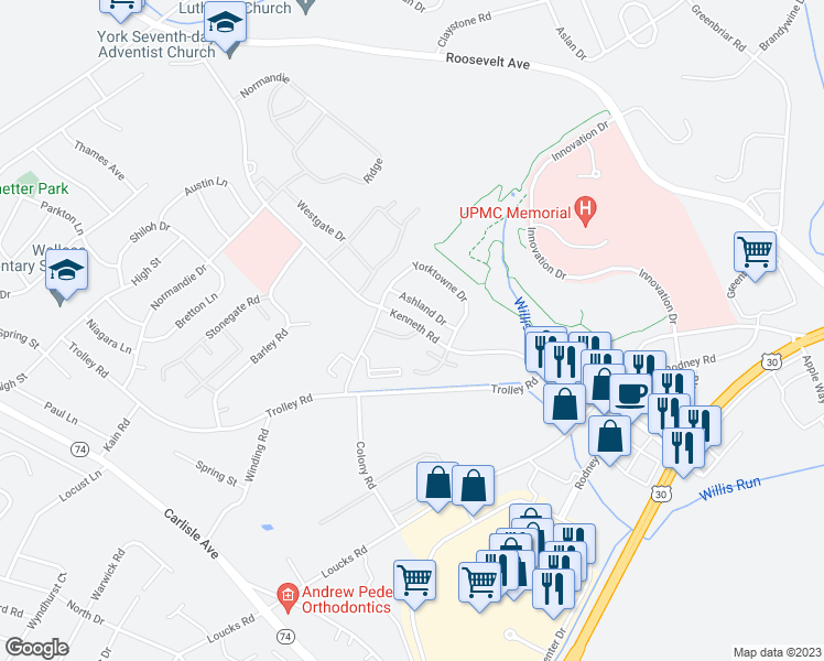 map of restaurants, bars, coffee shops, grocery stores, and more near 1718 Baron Drive in York