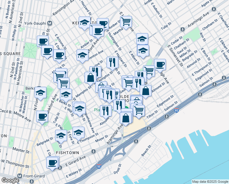 map of restaurants, bars, coffee shops, grocery stores, and more near 2421 East Hagert Street in Philadelphia