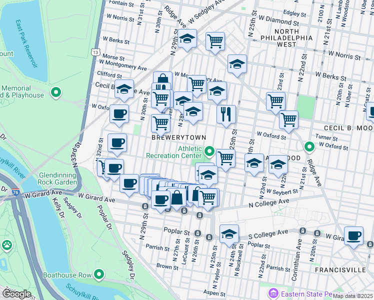 map of restaurants, bars, coffee shops, grocery stores, and more near 1446 North Etting Street in Philadelphia