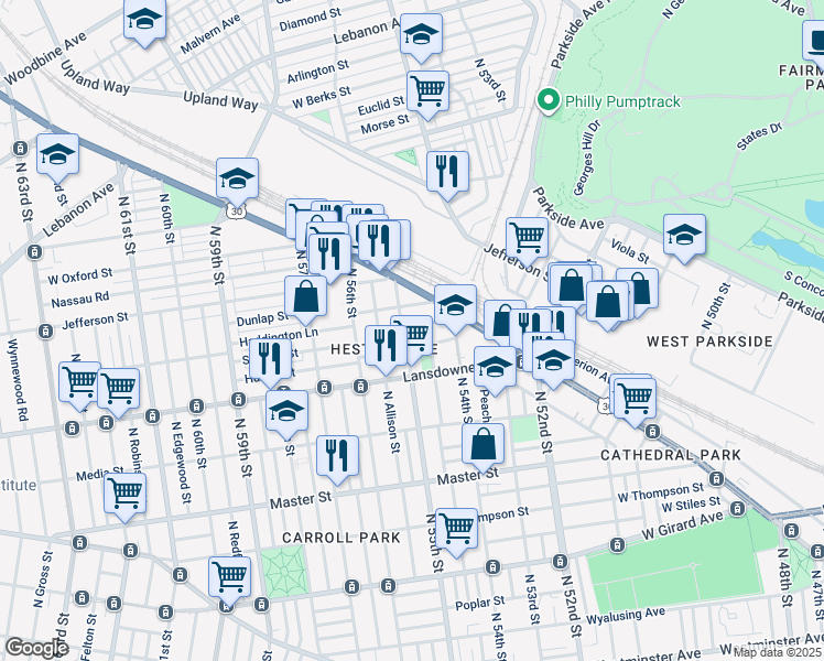 map of restaurants, bars, coffee shops, grocery stores, and more near 5454 Stewart Street in Philadelphia