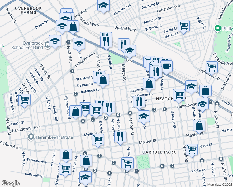 map of restaurants, bars, coffee shops, grocery stores, and more near 1737 North 60th Street in Philadelphia