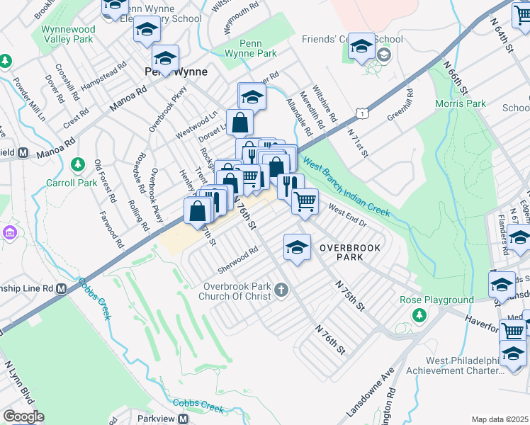 map of restaurants, bars, coffee shops, grocery stores, and more near 7532 Overbrook Avenue in Philadelphia