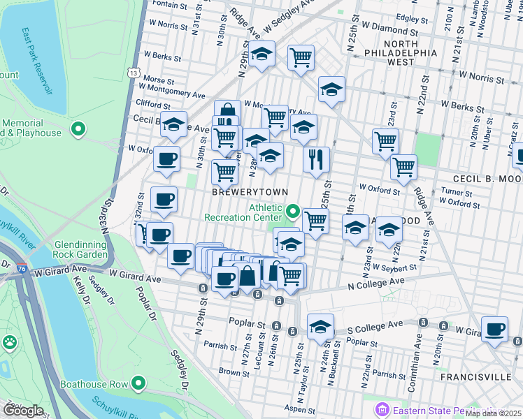 map of restaurants, bars, coffee shops, grocery stores, and more near 1446 North Etting Street in Philadelphia