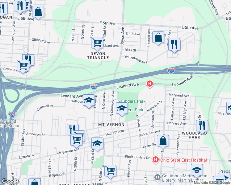 map of restaurants, bars, coffee shops, grocery stores, and more near 574 North Champion Avenue in Columbus