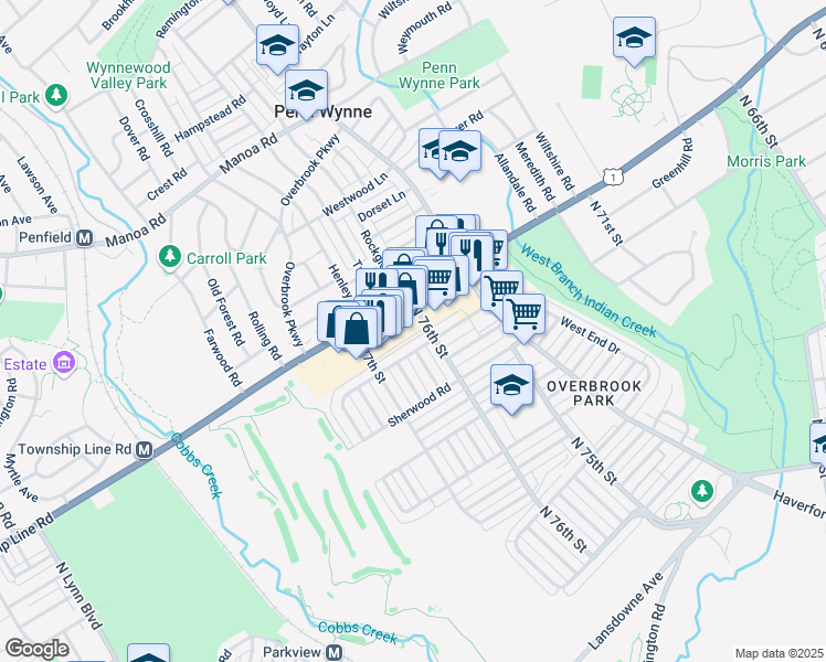 map of restaurants, bars, coffee shops, grocery stores, and more near 7620 City Avenue in Philadelphia