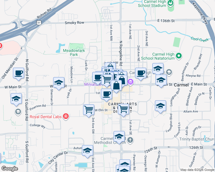 map of restaurants, bars, coffee shops, grocery stores, and more near 111 West Main Street in Carmel
