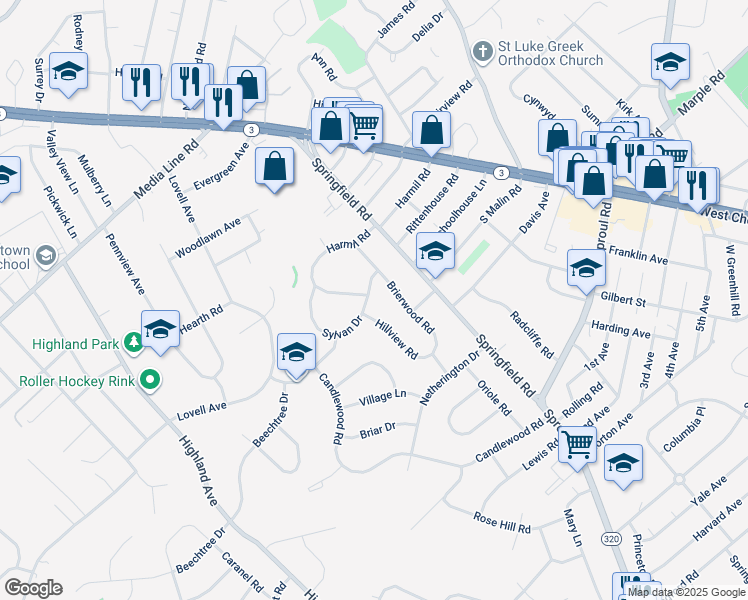 map of restaurants, bars, coffee shops, grocery stores, and more near 115 Sylvan Drive in Broomall