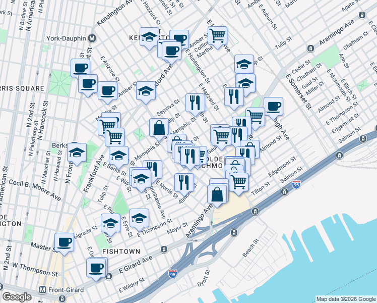 map of restaurants, bars, coffee shops, grocery stores, and more near 2411 East Boston Street in Philadelphia