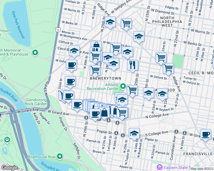 map of restaurants, bars, coffee shops, grocery stores, and more near 1444 North Marston Street in Philadelphia