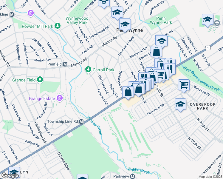 map of restaurants, bars, coffee shops, grocery stores, and more near 14 Rolling Road in Wynnewood