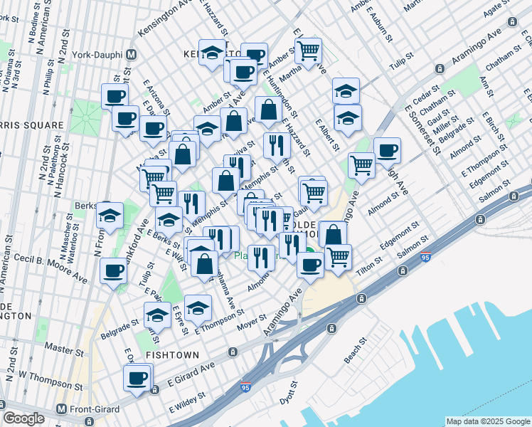 map of restaurants, bars, coffee shops, grocery stores, and more near 2409 East Boston Street in Philadelphia